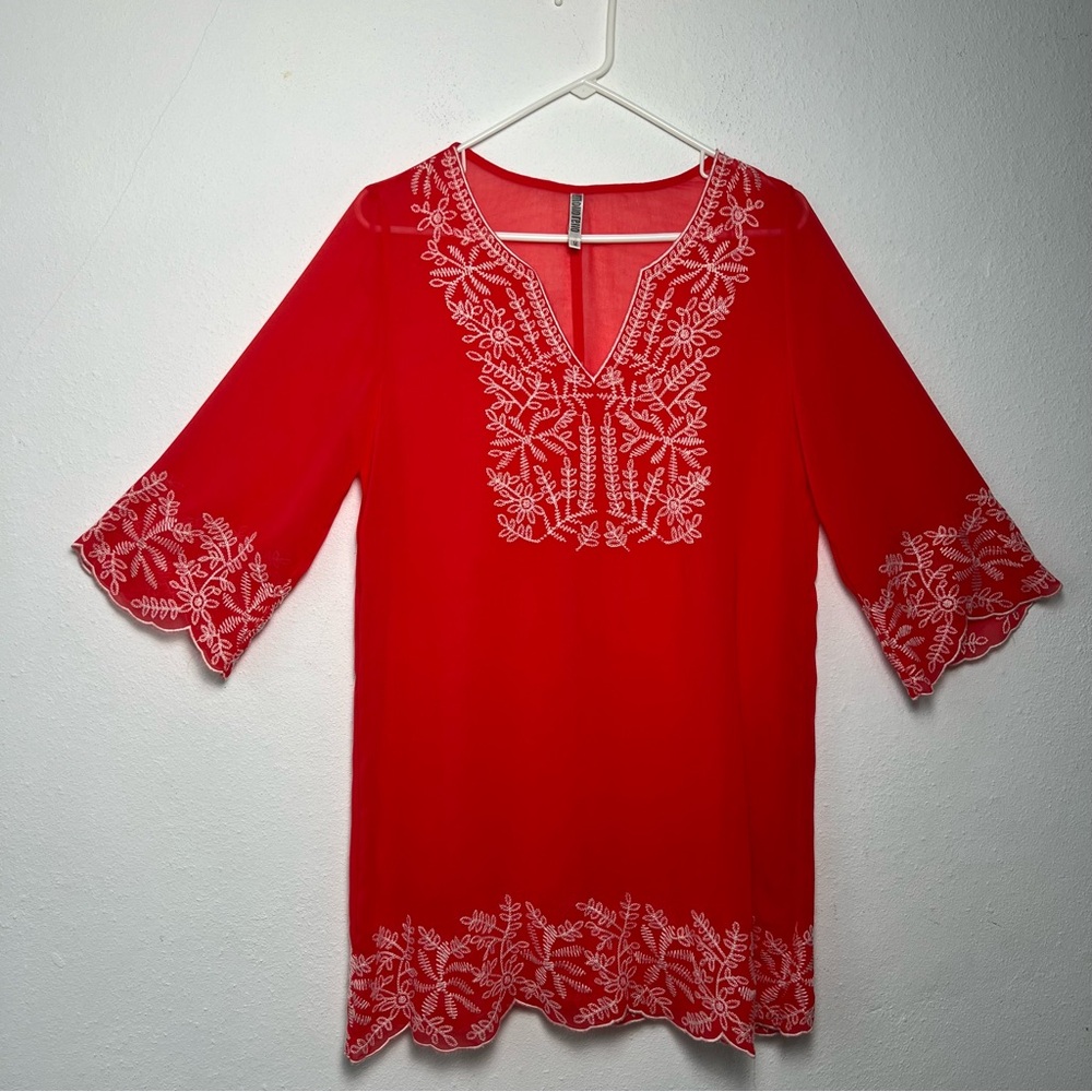 Monoreno Women’s Embroidered Tunic Top Size Medium V-Neck Cover-Up Coral Color - Picture 14 of 16